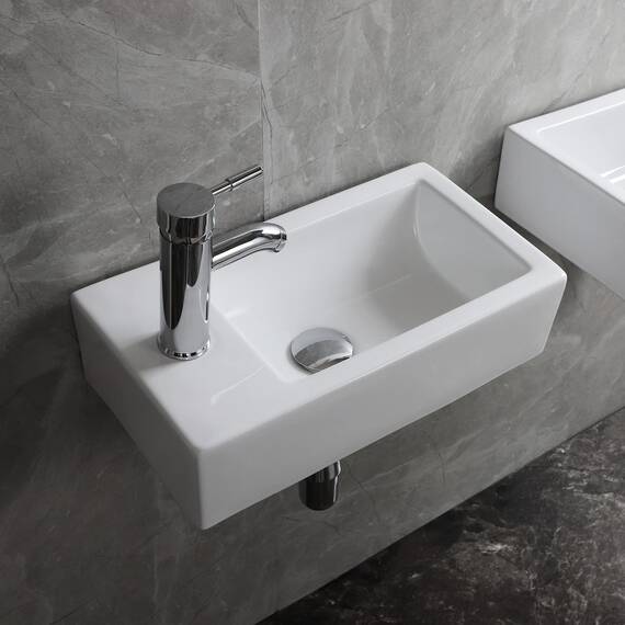 CROSS ZEBRA Verbessertes, rechteckiges, wandmontiertes Waschbecken mit Ablaufgarnitur Hochtemperatur-Kalzinierungs-Keramikgefäß, glänzendes weißes Design, für Badezimmer, Toilette, WC (links)