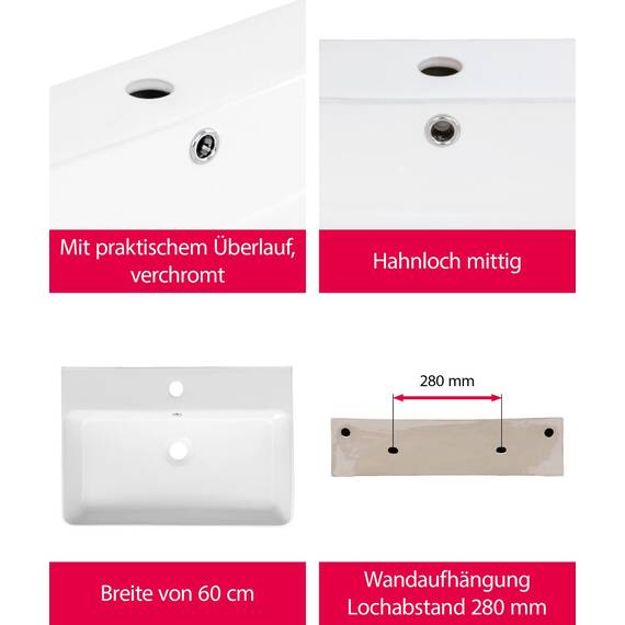 aquaSu® Basic Waschtisch 416 | Waschbecken mit Überlauf und Hahnloch | 60 x 42 cm | Als Hänge-Waschtisch oder Aufsatzwaschbecken | Sanitärkeramik in weiß | 56241 6