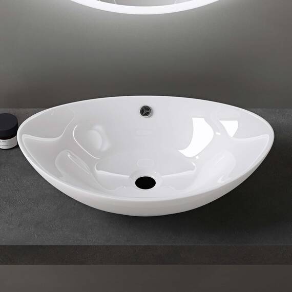 doporro Waschbecken Oval Aufsatzwaschbecken Bad 59x38x19cm Brüssel 818 | Lotuseffekt durch Nanoversiegelung | Aufsatzwaschbecken aus Keramik in Weiß