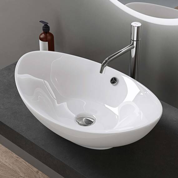 doporro Waschbecken Oval Aufsatzwaschbecken Bad 59x38x19cm Brüssel 818 | Lotuseffekt durch Nanoversiegelung | Aufsatzwaschbecken aus Keramik in Weiß