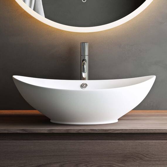Mai & Mai Waschbecken Aufsatzwaschbecken Oval aus Keramik 59x38cm matt Weiß Waschschale Waschtisch mit Nano-Beschichtung Br818