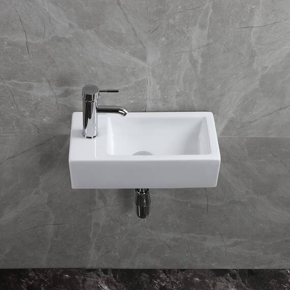 CROSS ZEBRA Verbessertes, rechteckiges, wandmontiertes Waschbecken mit Ablaufgarnitur Hochtemperatur-Kalzinierungs-Keramikgefäß, glänzendes weißes Design, für Badezimmer, Toilette, WC (links)