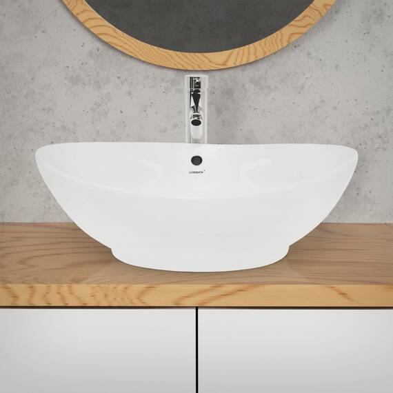 ECD Germany Waschbecken Waschtisch 590x390x200 mm Weiß aus Keramik Oval - Aufsatzbecken Aufsatzwaschbecken Handwaschbecken Aufsatzwaschtisch Spülbecken Becken Wasserfall Waschschale Waschschüssel