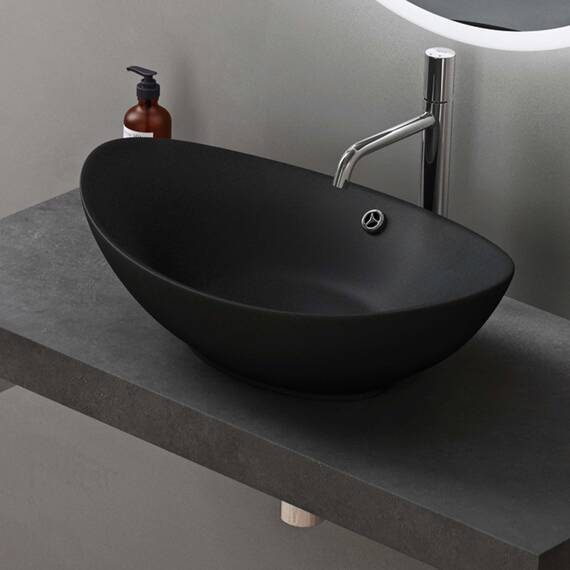 doporro Waschbecken Oval Aufsatzwaschbecken Bad 59x38x19cm Brüssel 818 | Lotuseffekt durch Nanoversiegelung | Aufsatzwaschbecken aus Keramik in Matt Schwarz