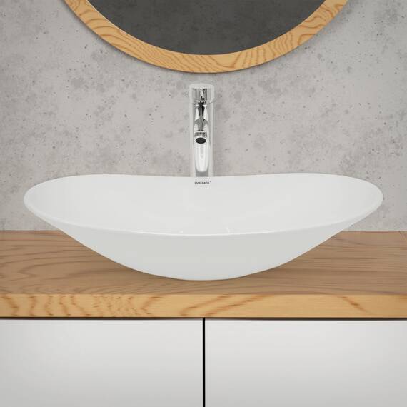 ECD Germany Design Waschbecken Waschtisch 640 x 365 x 130 mm aus Keramik Weiß - Aufsatzbecken Aufsatzwaschbecken Handwaschbecken Aufsatzwaschtisch Spülbecken Wasserfall Waschschale Waschschüssel