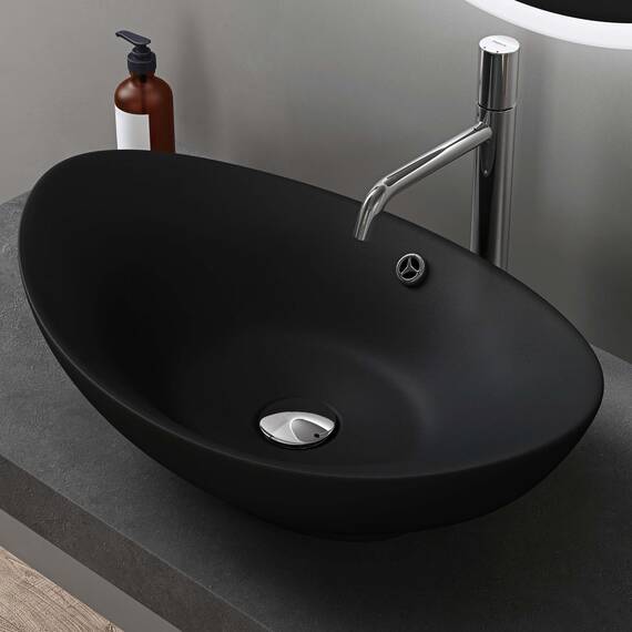 doporro Waschbecken Oval Aufsatzwaschbecken Bad 59x38x19cm Brüssel 818 | Lotuseffekt durch Nanoversiegelung | Aufsatzwaschbecken aus Keramik in Matt Schwarz