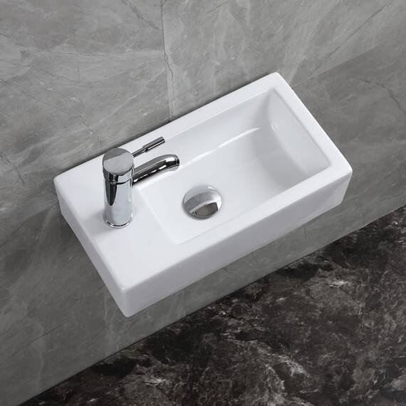 CROSS ZEBRA Verbessertes, rechteckiges, wandmontiertes Waschbecken mit Ablaufgarnitur Hochtemperatur-Kalzinierungs-Keramikgefäß, glänzendes weißes Design, für Badezimmer, Toilette, WC (links)