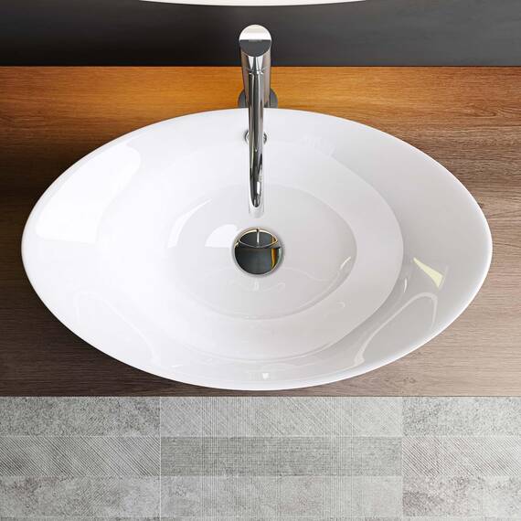 Mai & Mai Waschbecken Aufsatzwaschbecken Oval aus Keramik 59x38cm Weiß Waschschale Waschtisch mit Nano-Beschichtung Br818