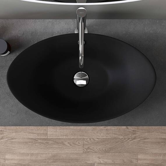 doporro Waschbecken Oval Aufsatzwaschbecken Bad 59x38x19cm Brüssel 818 | Lotuseffekt durch Nanoversiegelung | Aufsatzwaschbecken aus Keramik in Matt Schwarz
