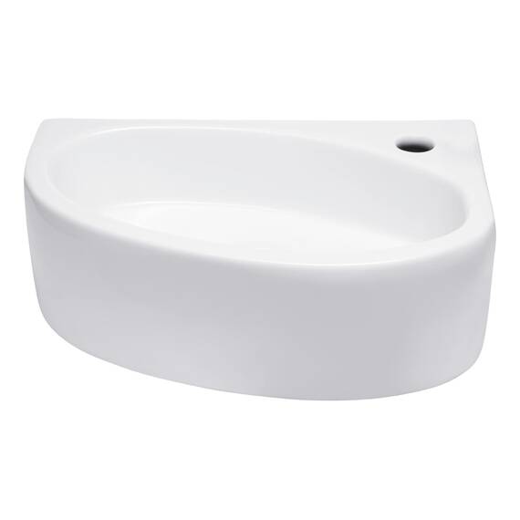aquaSu® Handwaschbecken Liam 42 cm | Eck-Waschtisch mit Hahnloch | Kleines Hänge-Waschbecken rund | Wand- oder Aufsatzmontage | 42 x 29 cm | Sanitärkeramik in weiß | 56218 8