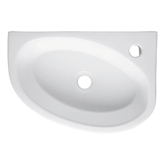 aquaSu® Handwaschbecken Liam 42 cm | Eck-Waschtisch mit Hahnloch | Kleines Hänge-Waschbecken rund | Wand- oder Aufsatzmontage | 42 x 29 cm | Sanitärkeramik in weiß | 56218 8