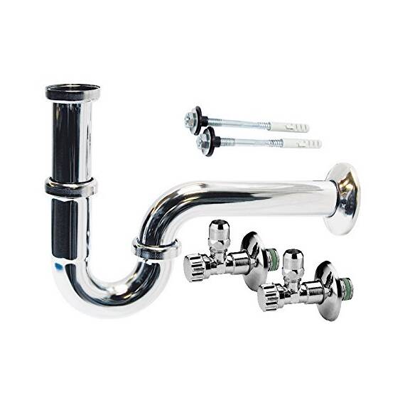 Sanitop-Wingenroth Installationsset für Waschbecken-Montage, mit Siphon Typ 1 ¼ '', 2 Eckventile Typ ½ '', mit Befestigungssatz, Waschtischbefestigung, verchromt, 223003