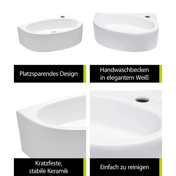 aquaSu® Handwaschbecken Liam 42 cm | Eck-Waschtisch mit Hahnloch | Kleines Hänge-Waschbecken rund | Wand- oder Aufsatzmontage | 42 x 29 cm | Sanitärkeramik in weiß | 56218 8