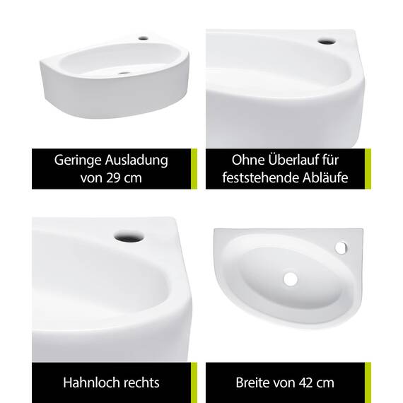 aquaSu® Handwaschbecken Liam 42 cm | Eck-Waschtisch mit Hahnloch | Kleines Hänge-Waschbecken rund | Wand- oder Aufsatzmontage | 42 x 29 cm | Sanitärkeramik in weiß | 56218 8