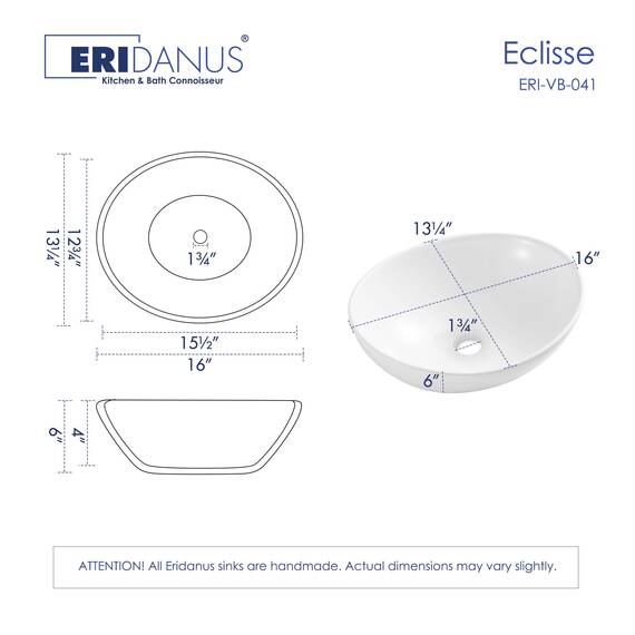 Eridanus Ovales Aufsatzwaschbecken, Modernes Ovales Keramikwaschbecken für Badezimmer, Waschbecken für Garderobe, Waschbeckenunterschrank, Weißer Glanz - 400 x 330 x 145mm