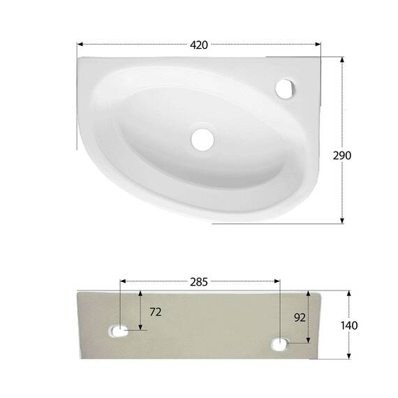aquaSu® Handwaschbecken Liam 42 cm | Eck-Waschtisch mit Hahnloch | Kleines Hänge-Waschbecken rund | Wand- oder Aufsatzmontage | 42 x 29 cm | Sanitärkeramik in weiß | 56218 8