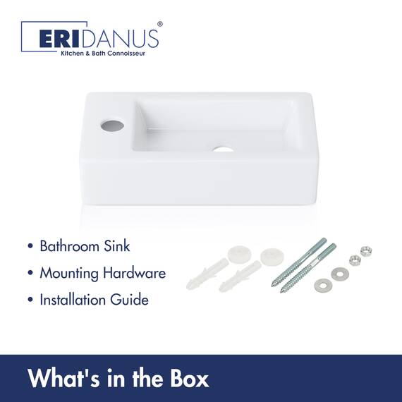 Eridanus Badezimmer Waschbecken, Wandhängendes Platzsparendes rechteckiges weißes Keramikbecken, Wasserhahn LINKEN für Waschtisch, Garderobe, Toilette, Modernes Aufsatzwaschbecken Klein (nur Becken)