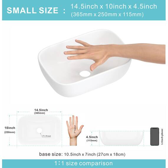 J-FAMILY 36,8 x 25,4 cm großes kleines Gefäß, Waschbecken über der Theke, weißes Porzellan-Keramik-Spülbecken, kleines Waschbecken, Waschtisch, Handwaschbecken