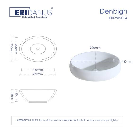 Eridanus Oval Bad Aufsatzwaschbecken, Weiß Keramik Arbeitsplatte Waschbecken, Gefäß Schüssel für Garderobe, Badzimmer, Waschtischunterschrank, Weißer Glanz - 470 x 330 x 150mm
