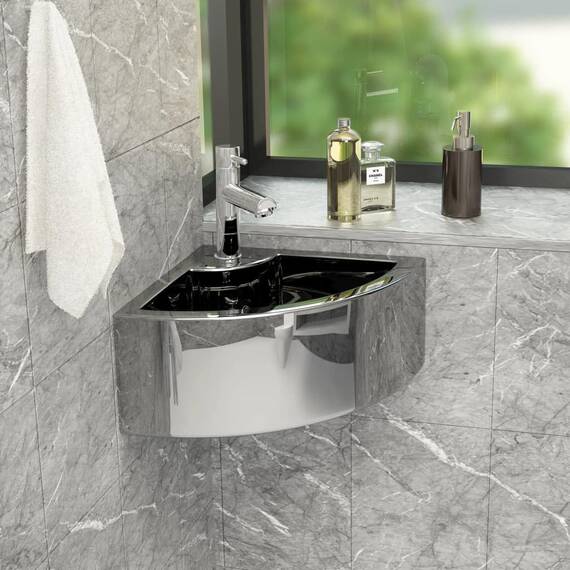 vidaXL Waschbecken mit Überlauf Eck Waschtisch Aufsatzwaschbecken Waschplatz Handwaschbecken Waschschale Badezimmer 45x32x12,5cm Keramik Silbern