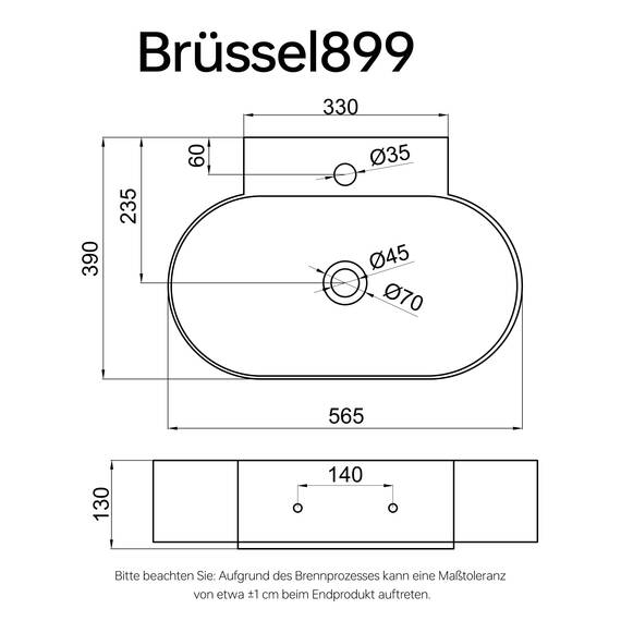 doporro Waschbecken 56x38,5x12cm Aufsatzwaschbecken aus Keramik in Weiß inkl. Nano-Versiegelung Brüssel899