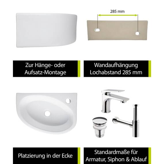 aquaSu® Handwaschbecken Liam 42 cm | Eck-Waschtisch mit Hahnloch | Kleines Hänge-Waschbecken rund | Wand- oder Aufsatzmontage | 42 x 29 cm | Sanitärkeramik in weiß | 56218 8