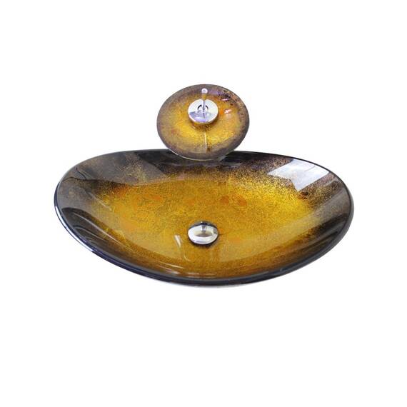 Homelava Modern Gehärtetes Glas Waschbecken mit Wasserfall Armatur Set (Gold + Dunkelbraun)