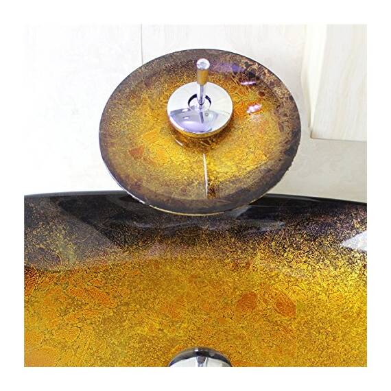 Homelava Modern Gehärtetes Glas Waschbecken mit Wasserfall Armatur Set (Gold + Dunkelbraun)