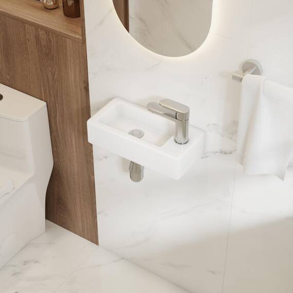 Eridanus Badezimmer Waschbecken, Wandhängendes Platzsparendes rechteckiges weißes Keramikbecken, Wasserhahn RECHTS für Waschtisch, Garderobe, Toilette, Modernes Aufsatzwaschbecken Klein (nur Becken)