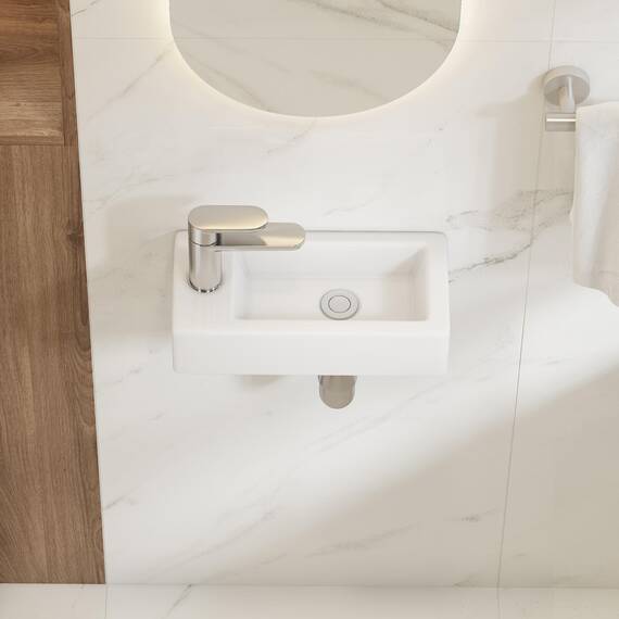 Eridanus Badezimmer Waschbecken, Wandhängendes Platzsparendes rechteckiges weißes Keramikbecken, Wasserhahn LINKEN für Waschtisch, Garderobe, Toilette, Modernes Aufsatzwaschbecken Klein (nur Becken)