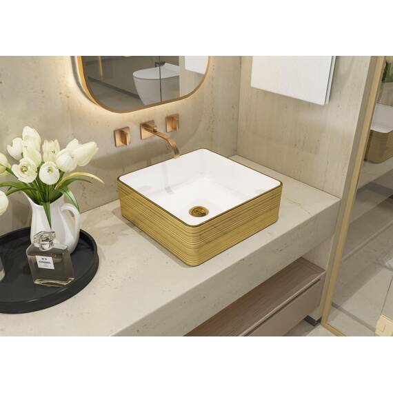 MEJE Quadratisches Badezimmer-Waschbecken, 37cm, goldfarbene Streifen, oberhalb der Theke, Porzellan-Keramik-Kunst-Waschbecken, Waschtisch