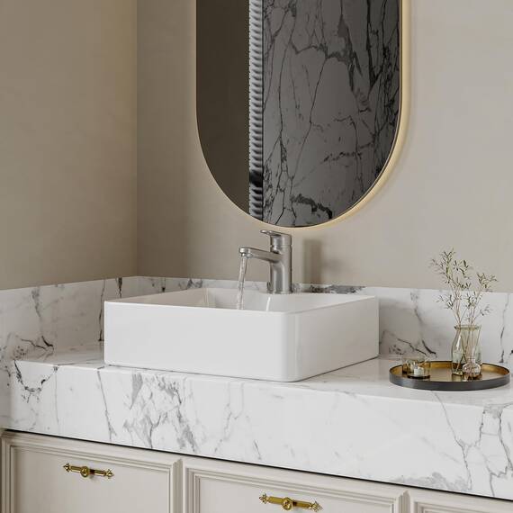 Eridanus Rechteckiges Gefäßwaschbecken mit Wasserhahnloch, Keramik Aufsatzwaschbecken, Waschbecken aus Vitreous China für Badezimmer, Waschtisch, Weißer Glanz - 490 x 370 x 140mm
