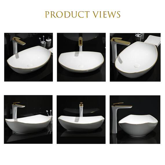 MEJE 56 x 40 CM LUXURY GOLD Rand Ovales Gefäß, Waschbecken über der Theke, Porzellan-Keramikgefäß, Waschbecken, Kunstbecken