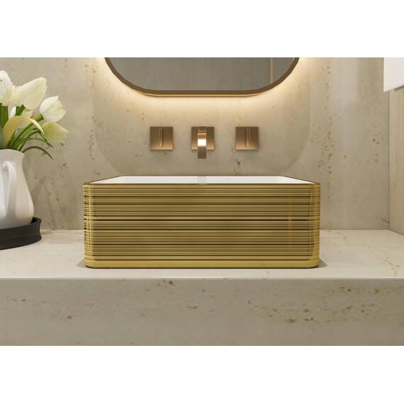 MEJE Quadratisches Badezimmer-Waschbecken, 37cm, goldfarbene Streifen, oberhalb der Theke, Porzellan-Keramik-Kunst-Waschbecken, Waschtisch