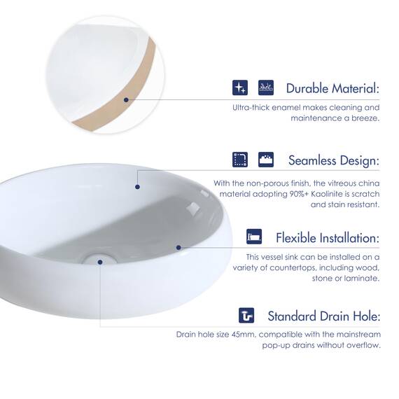 Eridanus Oval Bad Aufsatzwaschbecken, Weiß Keramik Arbeitsplatte Waschbecken, Gefäß Schüssel für Garderobe, Badzimmer, Waschtischunterschrank, Weißer Glanz - 470 x 330 x 150mm