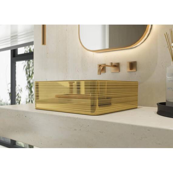 MEJE Quadratisches Badezimmer-Waschbecken, 37cm, goldfarbene Streifen, oberhalb der Theke, Porzellan-Keramik-Kunst-Waschbecken, Waschtisch