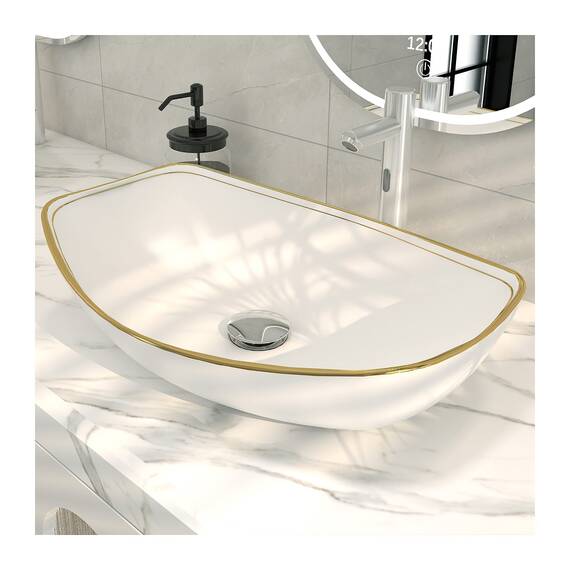 MEJE 56 x 40 CM LUXURY GOLD Rand Ovales Gefäß, Waschbecken über der Theke, Porzellan-Keramikgefäß, Waschbecken, Kunstbecken