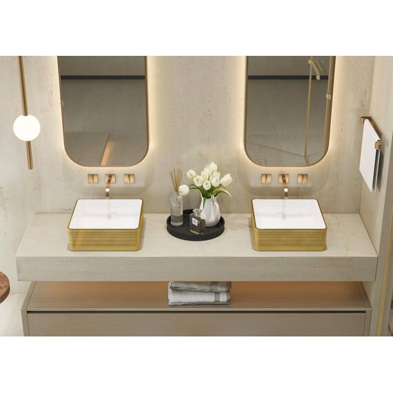 MEJE Quadratisches Badezimmer-Waschbecken, 37cm, goldfarbene Streifen, oberhalb der Theke, Porzellan-Keramik-Kunst-Waschbecken, Waschtisch