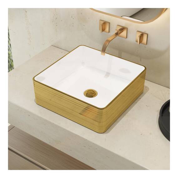 MEJE Quadratisches Badezimmer-Waschbecken, 37cm, goldfarbene Streifen, oberhalb der Theke, Porzellan-Keramik-Kunst-Waschbecken, Waschtisch