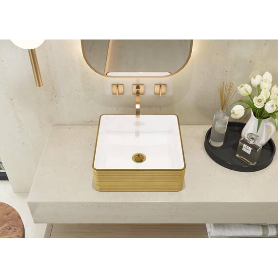 MEJE Quadratisches Badezimmer-Waschbecken, 37cm, goldfarbene Streifen, oberhalb der Theke, Porzellan-Keramik-Kunst-Waschbecken, Waschtisch