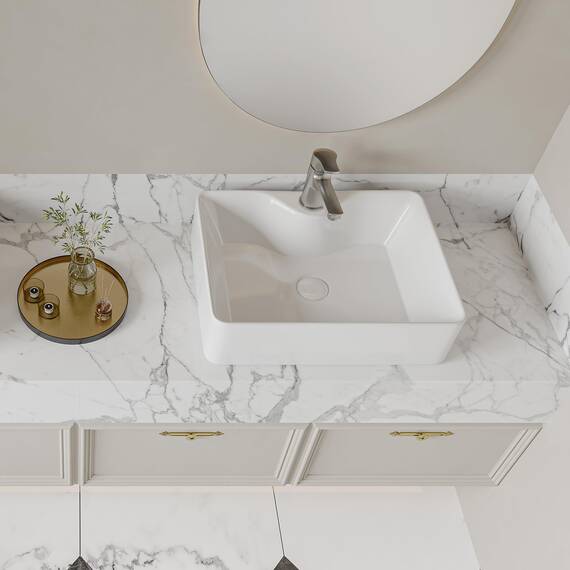 Eridanus Rechteckiges Gefäßwaschbecken mit Wasserhahnloch, Keramik Aufsatzwaschbecken, Waschbecken aus Vitreous China für Badezimmer, Waschtisch, Weißer Glanz - 490 x 370 x 140mm