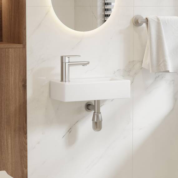 Eridanus Badezimmer Waschbecken, Wandhängendes Platzsparendes rechteckiges weißes Keramikbecken, Wasserhahn LINKEN für Waschtisch, Garderobe, Toilette, Modernes Aufsatzwaschbecken Klein (nur Becken)