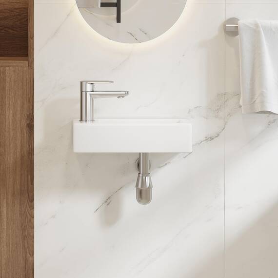 Eridanus Badezimmer Waschbecken, Wandhängendes Platzsparendes rechteckiges weißes Keramikbecken, Wasserhahn LINKEN für Waschtisch, Garderobe, Toilette, Modernes Aufsatzwaschbecken Klein (nur Becken)