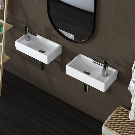 MEJE 41x23x10 cm Mini-Waschbecken, Waschebecken zur Wandmontage, Keramik, klein,Hahnloch Rechts, mit Wasserhahn und Entwässerungskit