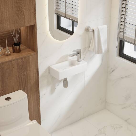 Eridanus Badezimmer Waschbecken, Wandhängendes Platzsparendes rechteckiges weißes Keramikbecken, Wasserhahn RECHTS für Waschtisch, Garderobe, Toilette, Modernes Aufsatzwaschbecken Klein (nur Becken)