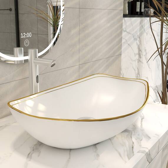 MEJE 56 x 40 CM LUXURY GOLD Rand Ovales Gefäß, Waschbecken über der Theke, Porzellan-Keramikgefäß, Waschbecken, Kunstbecken