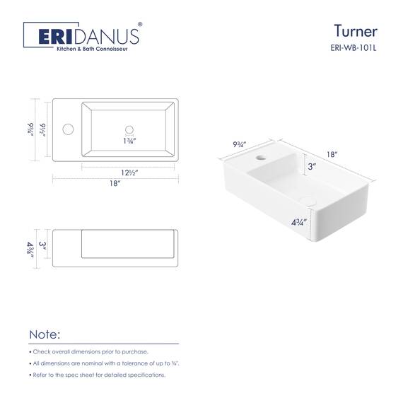 Eridanus Wand-Waschbecken Rechteckig aus Keramik Weiß - Linksseitiger Wasserhahn für Waschtisch, Toiletten - Modern zum Aufstellen auf kleinem Badezimmerschrank