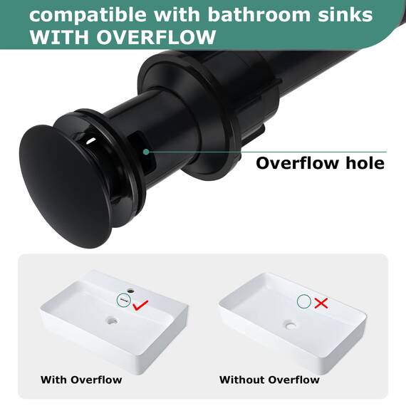 PARLOS Push and Seal Pop Up Abflussstopfen mit Überlauf für Waschbecken Waschbecken Wasserhahn Waschtisch Waschtisch matt schwarz 20861