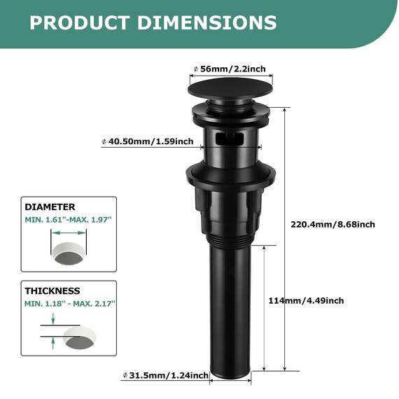 PARLOS Push and Seal Pop Up Abflussstopfen mit Überlauf für Waschbecken Waschbecken Wasserhahn Waschtisch Waschtisch matt schwarz 20861