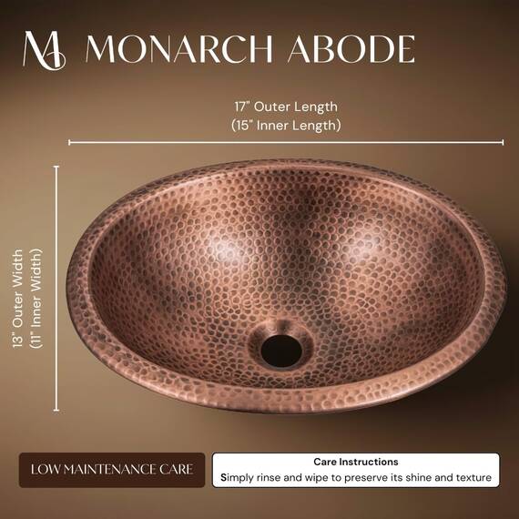 Monarch Abode Waschbecken aus reinem Kupfer, handgehämmert, oval, zum Einhängen 43 cm, Metall Porzellan Stein, 17 Inches